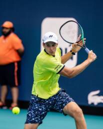 Hubert Hurkacz competing at the Miami Open presented by Itaú Thursday, March 31st, 2022 in Miami, Fla. (Peter McMahon/Miami Dolphins via AP)